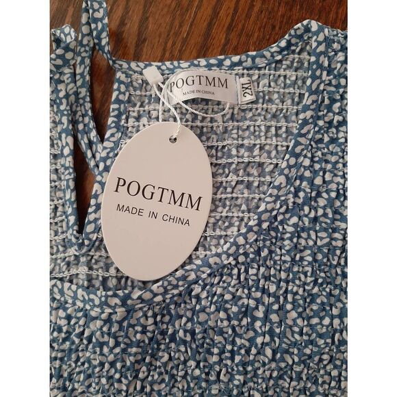 New 2XL Pogtmm Floral Boho Maxi Dress Smocked Flowing Blue White Summer Dress - Picture 9 of 9